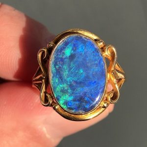 Antique Art Deco Large Natural Lightning Ridge Black Opal Signet Ring 18ct Gold