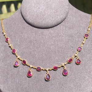 Striking Vintage Natural 4.7ct Ruby & Diamond Statement Gold Necklace 18ct Yellow Gold
