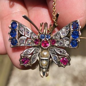 Striking Antique Victorian Natural Burmese Ruby & Ceylon Sapphire & Diamond & Pearl set Butterfly Brooch 9ct Gold