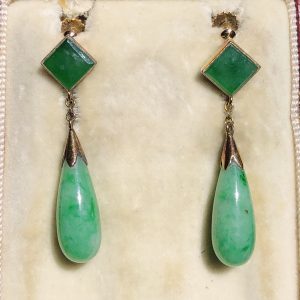 Striking Antique Art Deco Natural Burmese Jade Chandelier drop Gold earrings 18ct Yellow Gold
