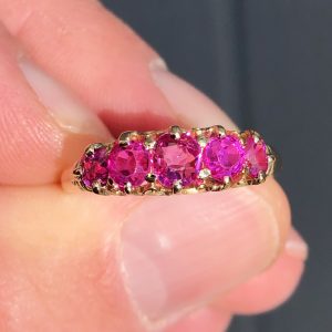 Stunning Antique Victorian Natural Ceylon Hot Pink Sapphire Five Stone Ring 15ct Gold