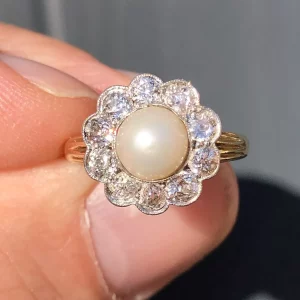 Striking Antique Edwardian Natural Pearl & Diamond Daisy Engagement Cluster Ring 15ct Gold