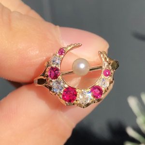 Striking Antique victorian natural untreated Ruby & Diamond & Pearl Moon Ring 9ct Gold
