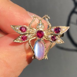 Striking Antique Victorian Natural Ruby & Moonstone Butterfly Statement Ring 18ct Gold