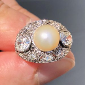 Striking Antique Art Deco Natural Saltwater Pearl & Diamond Platinum Statement Ring
