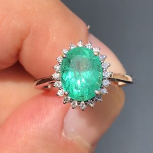 Striking Old TJC Natural Colombian Emerald & Diamond Statement Gold Ring 18ct White Gold - size O & half