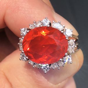 Stunning Vintage Natural 15mm Mexican Fire Opal & Diamond Statement Ring 18ct Gold