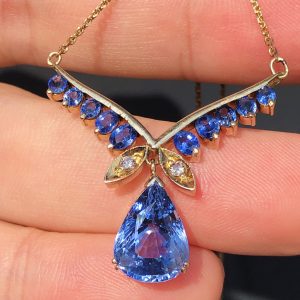 Striking Art Deco Natural 7.3ct Ceylon Sapphire & Diamond Statement Necklace 14ct Gold