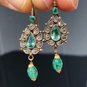 Striking Antique Art deco Natural Colombian Emerald & Diamond Chandelier earrings 9ct Gold & Silver
