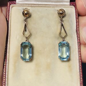 Stunning Antique Art Deco 1920s Natural 8.5ct Aquamarine Drop Earrings 9ct Gold