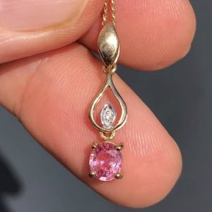 Beautiful natural Old Ceylon Padparadscha Sapphire & Diamond Drop pendant 9ct Gold