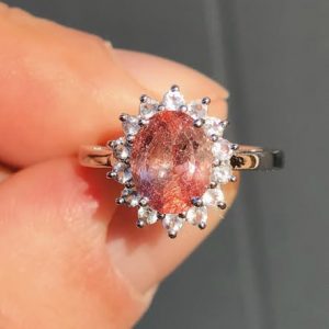Unusual red rutile quart with white topaz cluster ring in 9ct white gold