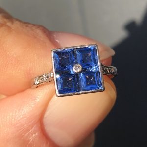 Striking Antique Art Deco natural 1.3ct Ceylon Sapphire & Diamond Platinum Ring