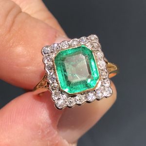 Antique Edwardian Natural 3ct Colombian Emerald & Diamond Ring 18ct Gold