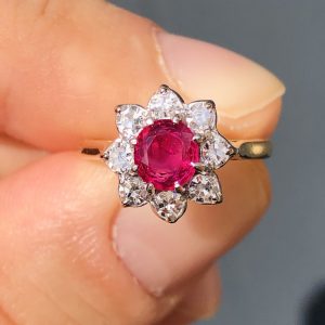 Antique Art Deco Natural Burma Ruby & Diamond Daisy Cluster Ring 18ct Gold