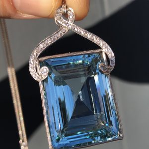 Incredible Antique Edwardian Natural 48ct Aquamarine & Diamond Platinum Pendant