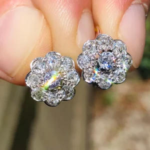 Striking Antique Edwardian Natural 2ct Diamond Daisy Flower Earrings 9ct Gold