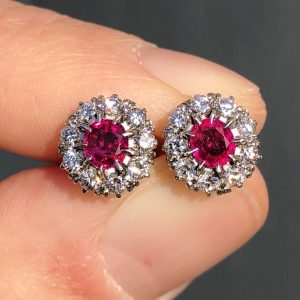 Striking Antique Art Deco natural Burma Ruby & Diamond daisy Earrings 14ct Gold