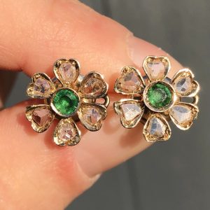 Antique Art Deco Natural Emerald & Rose cut Diamond Daisy Earrings 9ct Gold