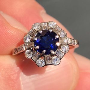 Striking Antique Art Deco natural royal Blue Sapphire & Diamond Platinum Ring - With sizing to size K & half