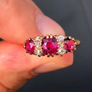 Antique Ruby & Diamond CLuster Boat Ring 18ct Yellow Gold
