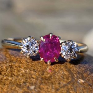 Striking Antique Burma Ruby & Old Cut Diamond three stone ring 18ct gold