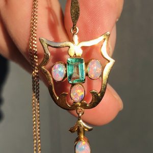 Striking Antique Arts & Crafts Colombian Emerald & Opal Statement Pendant 9ct Gold