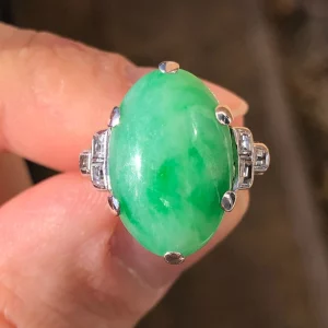 Antique Art Deco Natural 11ct Burma Jade & Old cut Diamond Ring 9ct Gold