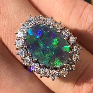 Striking Vintage Natural 5ct Black Opal & Diamond Statement Ring 18ct Gold