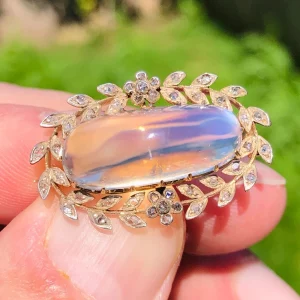 Striking Antique Victorian natural 16ct  Moonstone & Diamond statement Brooch 9ct Yellow Gold