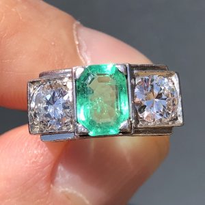 Antique Art Deco natural 3ct Colombian Emerald & Old cut Diamond Platinum Ring - with stone polish included