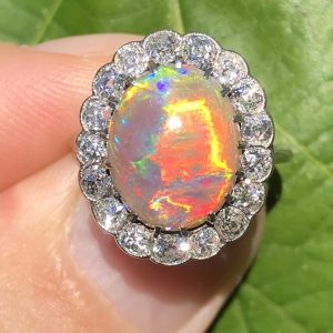 Striking Antique Edwardian natural 3.5ct Lightning Ridge Opal & Old Cut Diamond Platinum Ring