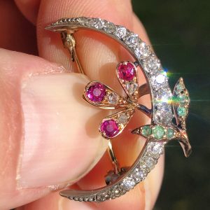 Gorgeous Unusual Antique Victorian Old cut Diamond crescent Moon pendant Brooch 14ct Gold