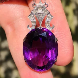 Stunning Antique Edwardian natural 26ct Amethyst & Diamond necklace 9ct Gold - with polishing for the main stone