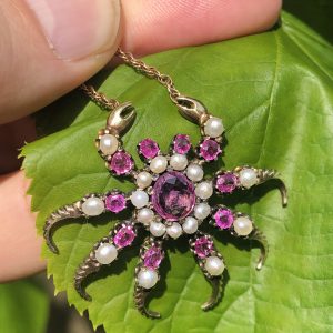 Stunning Antique Victorian Natural Pink Sapphire & Pearl Crab Necklace 9ct Gold