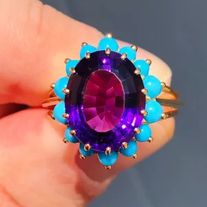 Vintage 1950s Natural Royal Amethyst & Turquoise Cluster Ring 15ct Gold