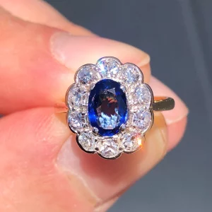 Antique Art Deco Natural Ceylon Sapphire & Old Cut Diamond Ring 18ct Gold