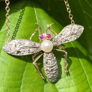 Antique Victorian Old Cut Diamond & Ruby Butterfly Necklace 9ct Gold