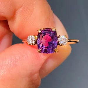 Stunning Antique Art Deco Natural 1.8ct Colour Change Sapphire & Diamond Three Stone Ring 9ct Yellow Gold