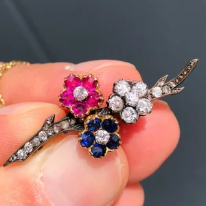 Striking antique 19th century Natural 2.2ct Burma Ruby & Sapphire & Old Cut Diamond statement Brooch pendant 15ct Gold