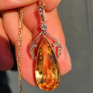 Gorgeous antique belle epoque natural 12.3ct imperial topaz & old cut diamond statement necklace set into solid 15ct gold & platinum