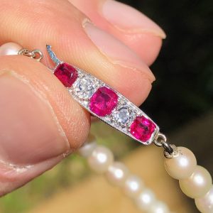 Striking Antique Edwardian Natural Burma Ruby & Old cut Diamond Pearl Necklace