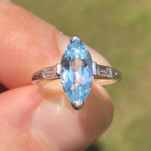 Beautiful antique Art deco natural Blue Topaz & Diamond Platinum engagement ring