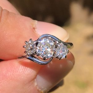 Striking Antique Art Deco Natural 1.5ct Old Cut Diamond Platinum Trilogy Ring