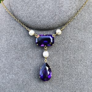 Gorgeous antique Edwardian natural amethyst & Natural Pearl statement necklace in 9ct yellow gold