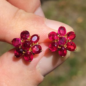 Antique Art Deco Natural 4.7ct Burma Ruby Daisy Flower Earrings 18ct Gold
