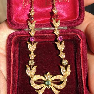 Stunning Antique Victorian Gold Necklace set With Green & Pink Tourmaline & Natural Seed Pearls with 9ct Gold chain